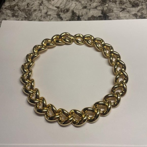 Signed Maxine Denker Wide Chunky Statement Necklace Gold Tone Chain - Picture 3 of 10